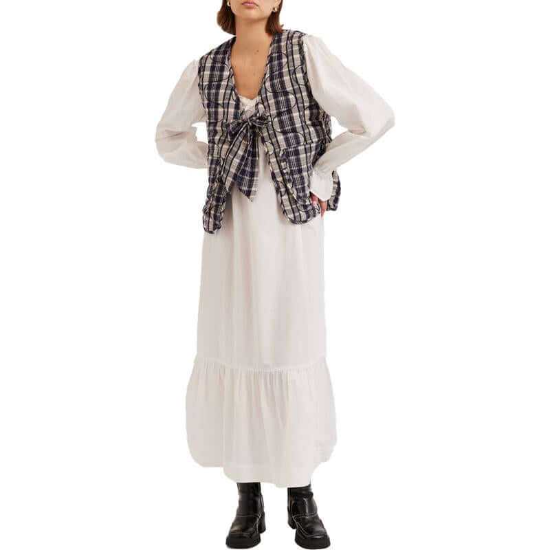 New Fashion Women Tie Front Vest Lightweight Solid Color/Plaid Print Sleeveless Cardigan Jacket for Streetwear Outerwear