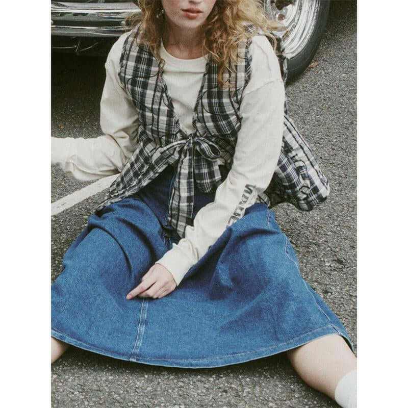 New Fashion Women Tie Front Vest Lightweight Solid Color/Plaid Print Sleeveless Cardigan Jacket for Streetwear Outerwear